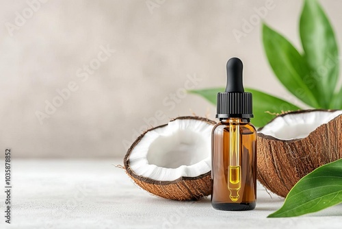 Coconut oilinfused hair serum in a dropper bottle, laid next to fresh coconut halves, coconut oil cosmetic, hydrating hair treatment