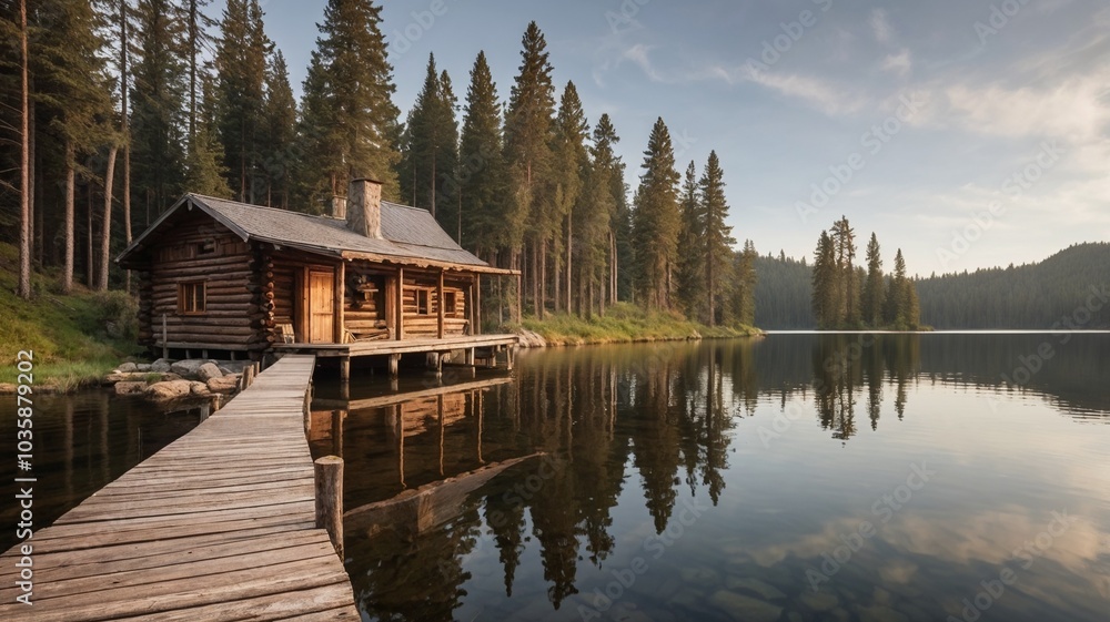 Obraz premium High-Resolution Exterior of Rustic Cabin by Calm Lake with Wooden Dock and Pine Trees Reflected in Still Water