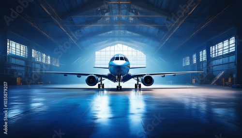 front view of an airplane in a hangar in dark blue