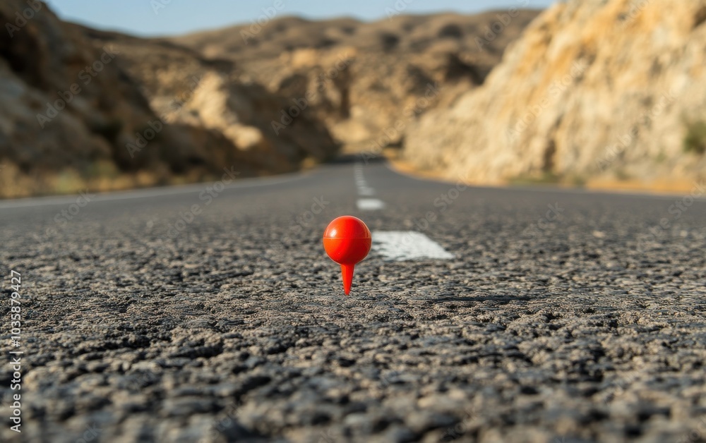 A red GPS pin positioned on an asphalt highway, serving as a background element, symbolizing navigation and travel routes A red GPS pin positioned on an asphalt highway, serving as a background element, symbolizing navigation and travel routes