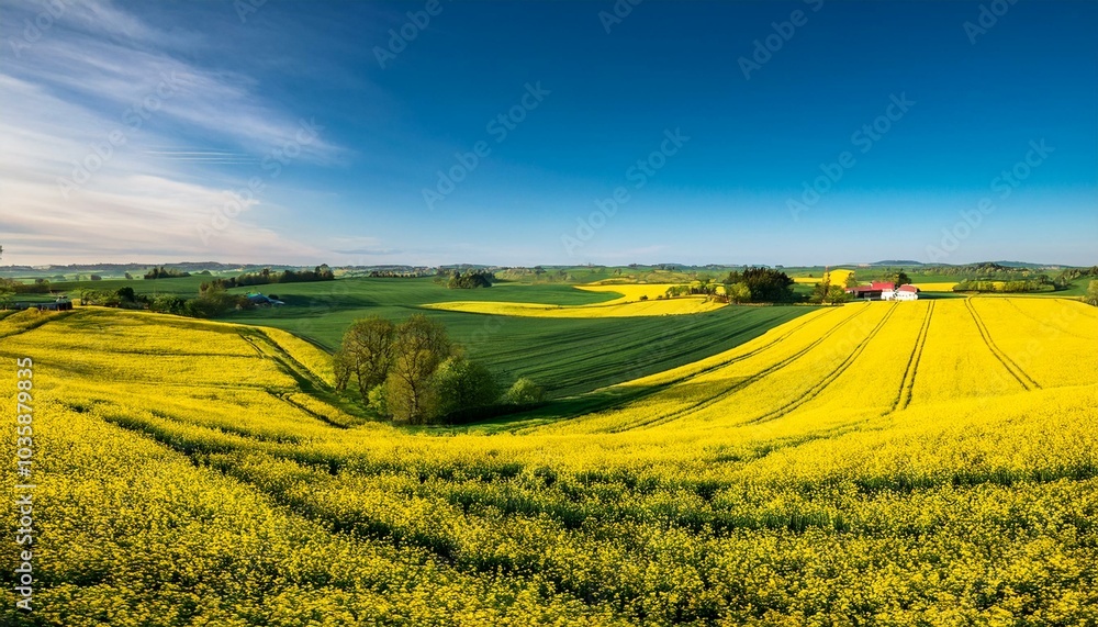 Obraz premium green and yellow farm fields with canola rapeseed in skane sweden during spring