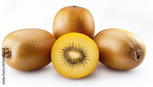 group of three whole one half two slices of fresh golden brown kiwi fruit sungold variety set isolated on white