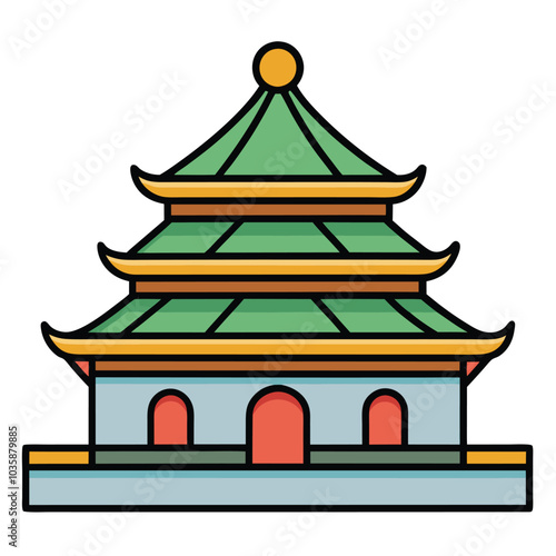 religious taoism, Chinese house building cartoon vector illustration. white background