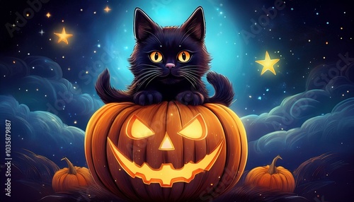 halloween background with black cat on jack o lantern under starry night sky