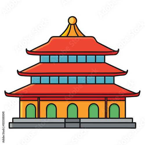 religious taoism, Chinese house building cartoon vector illustration. white background