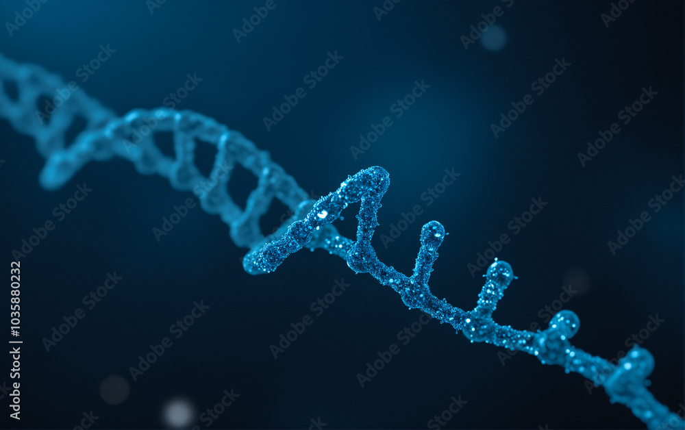 Close-up of a section of DNA helix in imaginary space on a dark background. Close-up of a section of DNA helix in imaginary space on a dark background.