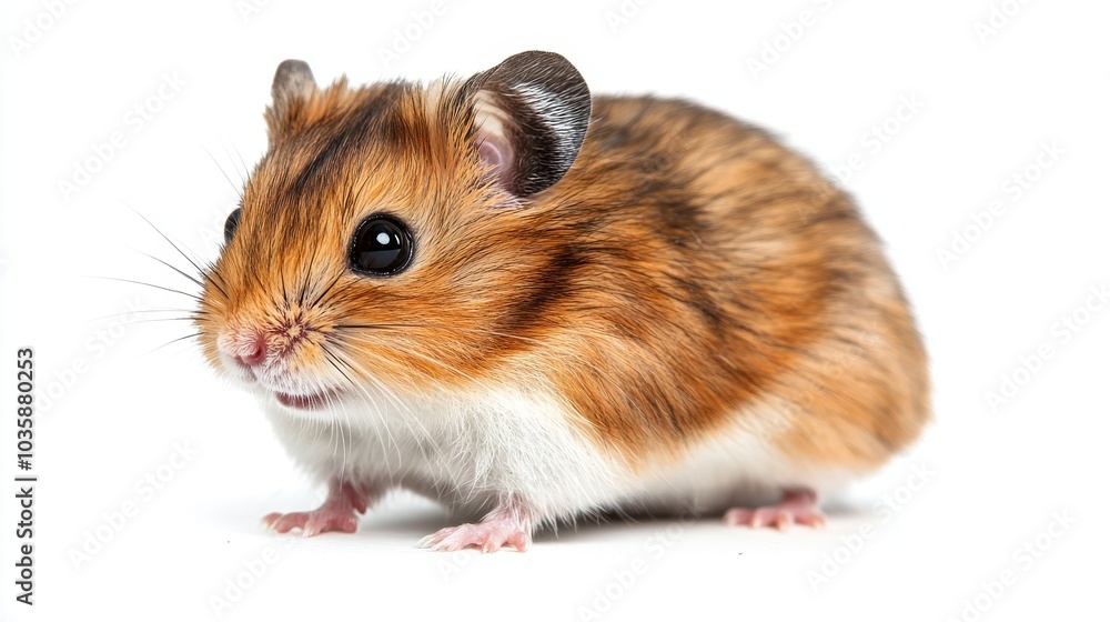 A small, brown and white hamster with big black eyes looks to the left with a white background. A small, brown and white hamster with big black eyes looks to the left with a white background.