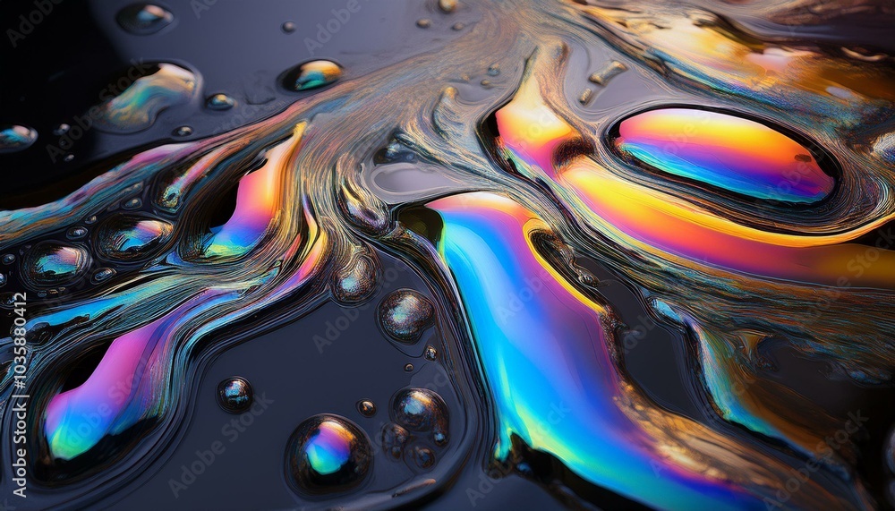 iridescent oil spill on dark surface iridescent oil spill on dark surface