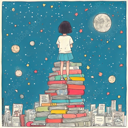 A girl stands atop a stack of books under a starry sky, symbolizing imagination.