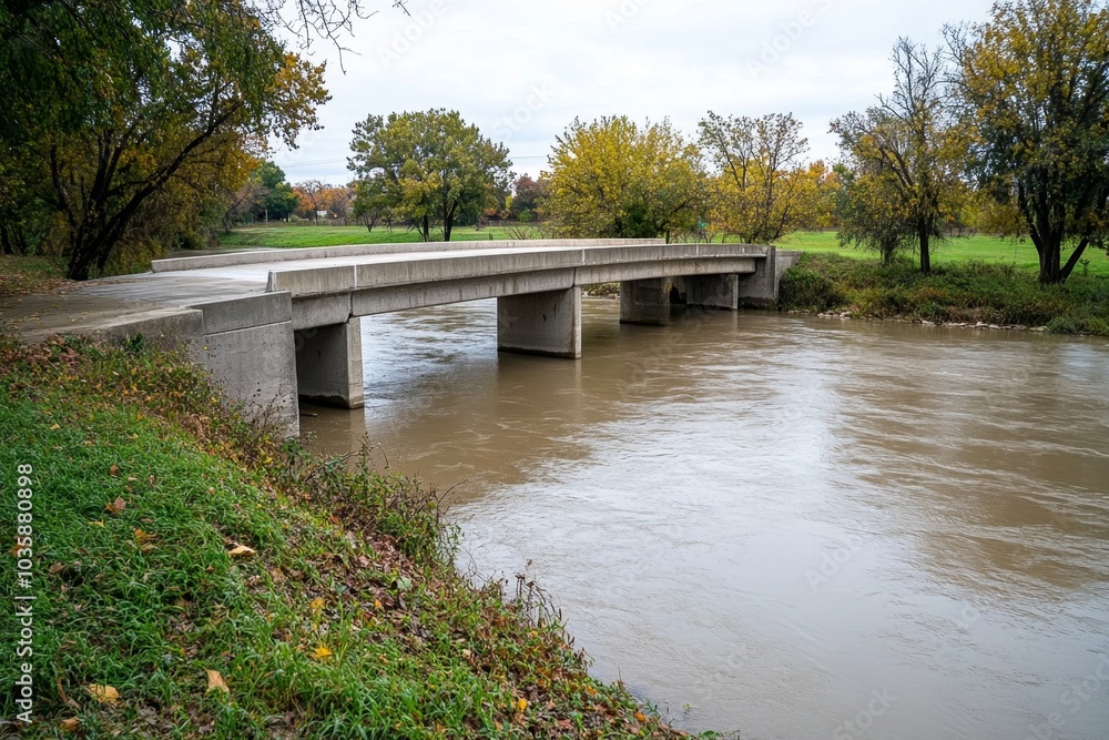 Fototapeta premium A concrete bridge spanning a calm river, blending into the soft gray landscape