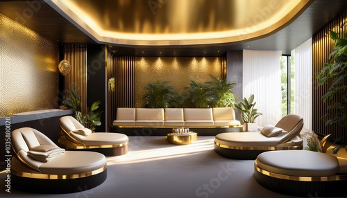 luxurious wellness spa interior featuring elegant gold leaf decor and stylish seating arrangements design emphasizes wealth and longevity creating serene atmosphere