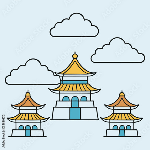 religious taoism, Chinese house building cartoon vector illustration. white background