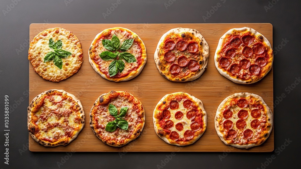 Delicious Assortment of Mini Pizzas with Pepperoni and Basil on Wooden Board - Top View Food Photography Delicious Assortment of Mini Pizzas with Pepperoni and Basil on Wooden Board - Top View Food Photography
