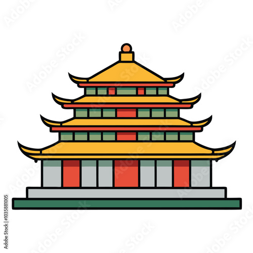 religious taoism, Chinese house building cartoon vector illustration. white background