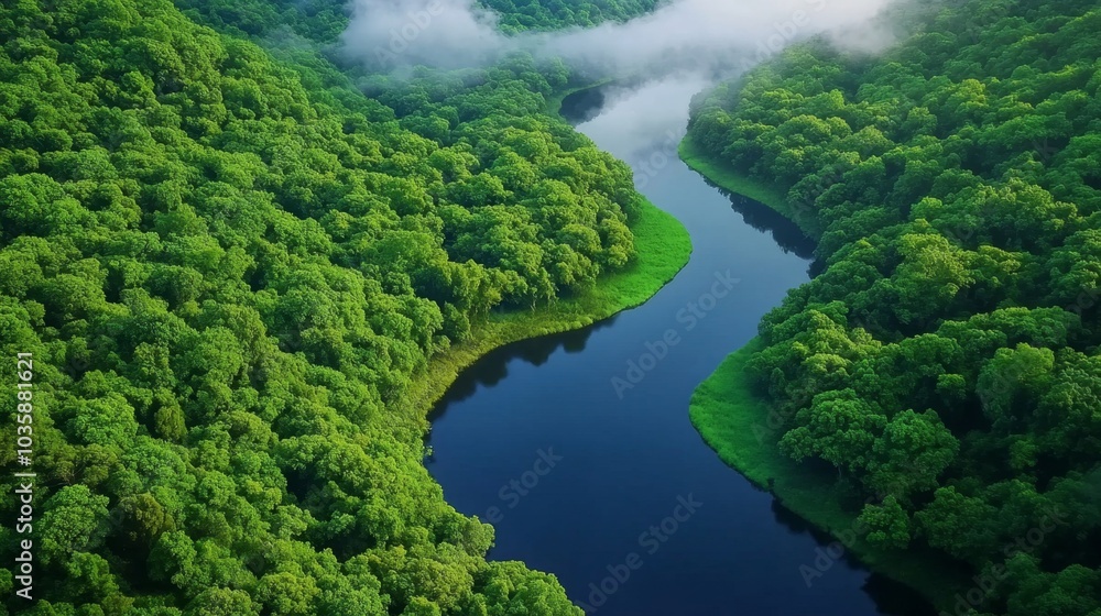 Majestic Aerial View of Lush Green Forest and Serene River Bend in Tranquil Landscape Majestic Aerial View of Lush Green Forest and Serene River Bend in Tranquil Landscape