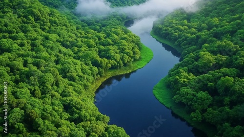 Majestic Aerial View of Lush Green Forest and Serene River Bend in Tranquil Landscape