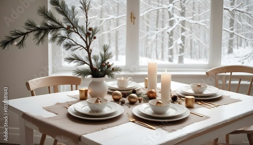 Traditional Christmas table setting with candles, pine and golden balls. AI generated