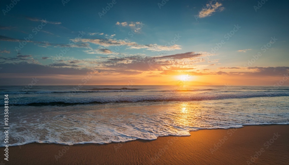 peaceful sunrise over a calm ocean beach peaceful sunrise over a calm ocean beach