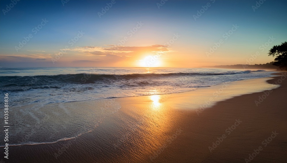 peaceful sunrise over a calm ocean beach peaceful sunrise over a calm ocean beach