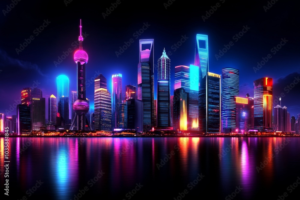 Fototapeta premium A cyberpunk cityscape with Ultimate Gray skyscrapers, glowing with neon reflections