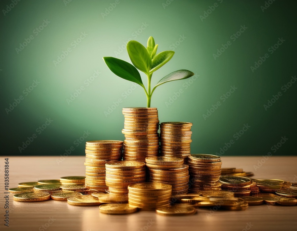 pile of golden coins symbolizes financial growth with small plant emerging from top representing prosperity and new beginnings in minimalist environment pile of golden coins symbolizes financial growth with small plant emerging from top representing prosperity and new beginnings in minimalist environment