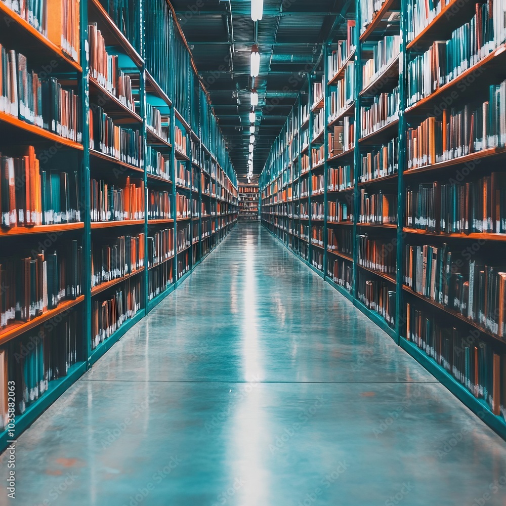 A long corridor of bookshelves in a library or archive. A long corridor of bookshelves in a library or archive.
