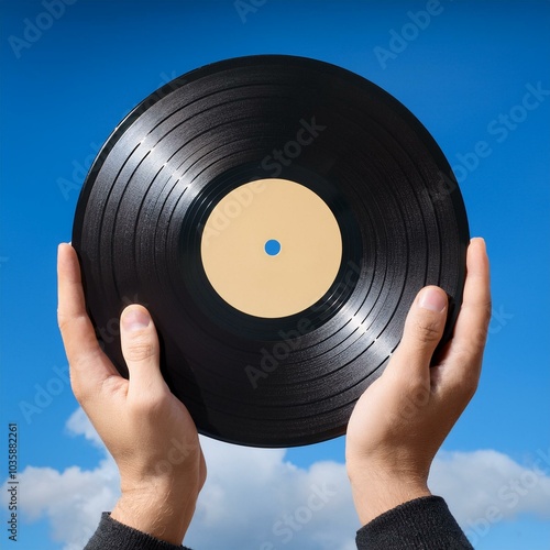  hands holding an old vinyl record hand blue sky