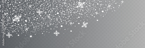 Snow and snowflakes on transparent background. Winter snowfall effect of falling white snow flakes and shining, New Year snowstorm or blizzard realistic backdrop. Christmas or Xmas holidays.