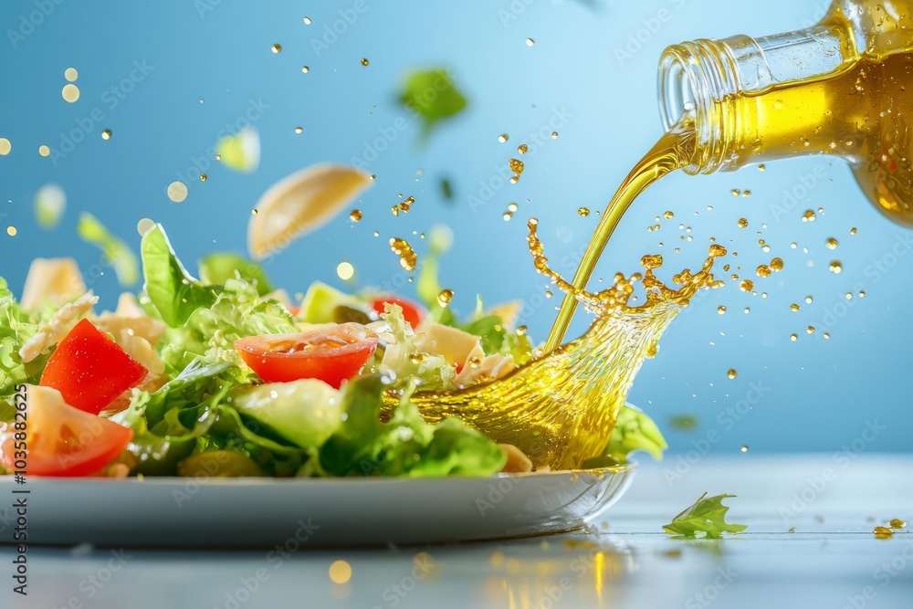 Artistic splash of olive oil onto a salad, slow motion, golden reflections, modern food styling, premium dressing Artistic splash of olive oil onto a salad, slow motion, golden reflections, modern food styling, premium dressing