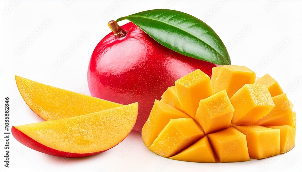 red mango fruit with green leaf and slices falling isolated on white background ai red mango fruit with green leaf and slices falling isolated on white background ai