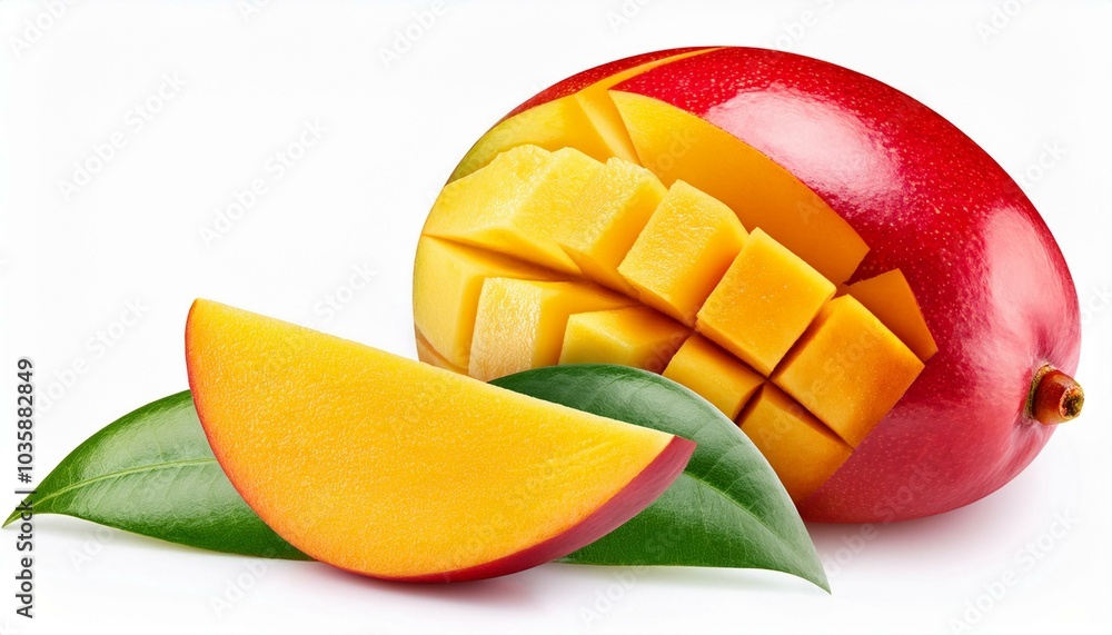 red mango fruit with green leaf and slices falling isolated on white background ai red mango fruit with green leaf and slices falling isolated on white background ai