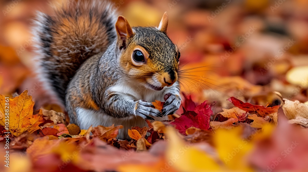 Close-up of a squirrel (Sciurus vulgaris) grazing in a colorful fall woodland. The scene perfectly depicts the animal's surroundings' vibrant fall foliage colors. Close-up of a squirrel (Sciurus vulgaris) grazing in a colorful fall woodland. The scene perfectly depicts the animal's surroundings' vibrant fall foliage colors.