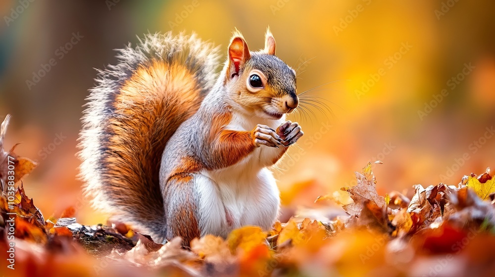 Obraz premium Close-up of a squirrel (Sciurus vulgaris) grazing in a colorful fall woodland. The scene perfectly depicts the animal's surroundings' vibrant fall foliage colors. 