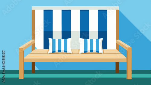 Small balcony with a light wood bench and a blue and white striped cushion