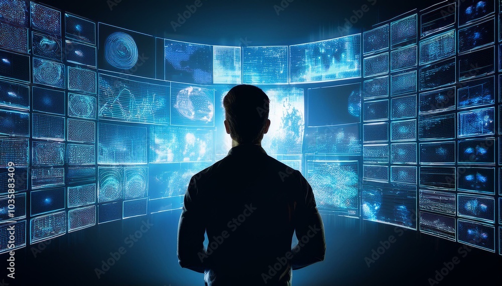 silhouette of a person standing in front of a wall of digital screens