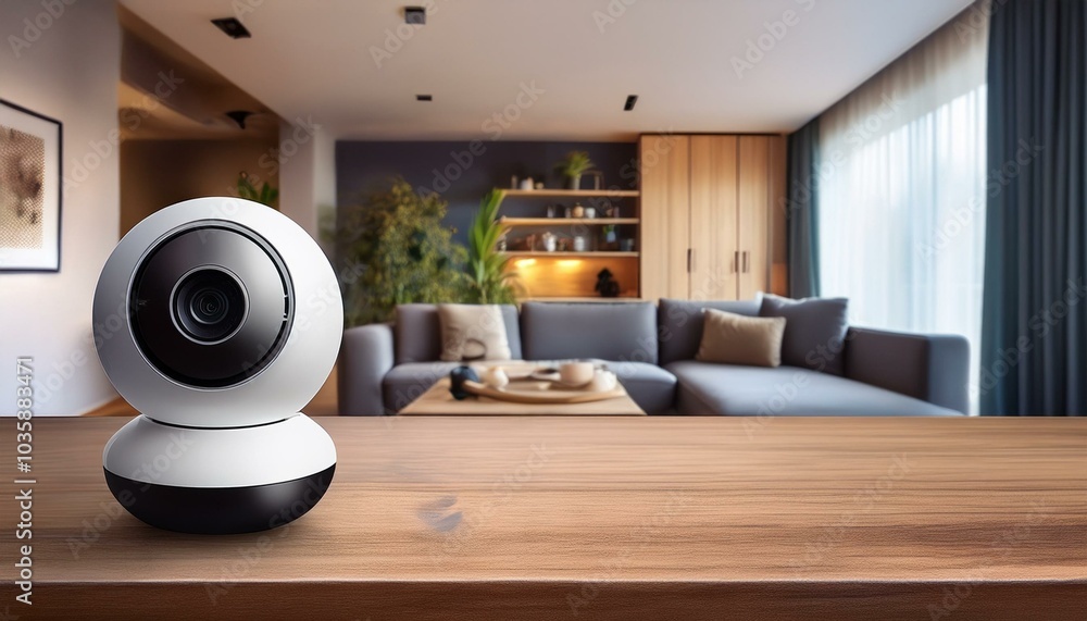 smart home camera on a wooden table in a modern living room smart home camera on a wooden table in a modern living room