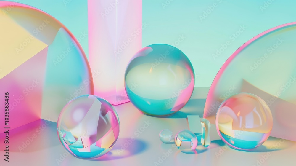 Abstract geometric shapes and spheres in a pastel-colored gradient environment, modern minimalist design, Ai Generation Abstract geometric shapes and spheres in a pastel-colored gradient environment, modern minimalist design, Ai Generation