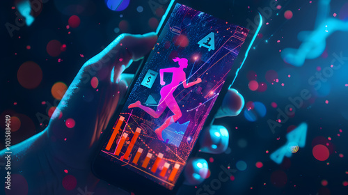 A person holds a smartphone displaying an animated running app with fitness data and visual effects