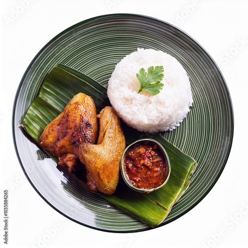 Indonesian culinary delight! Savor the rich flavors of Ayam Betutu, Balinese spiced chicken, served with fragrant rice and a zesty sambal. A feast for the senses! photo