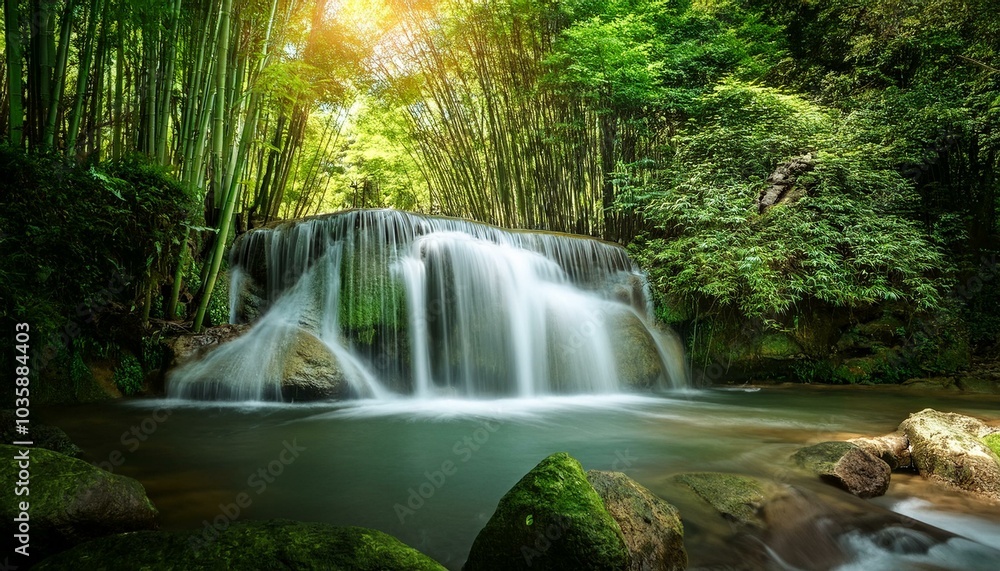 tranquil waterfall in a lush bamboo forest tranquil waterfall in a lush bamboo forest