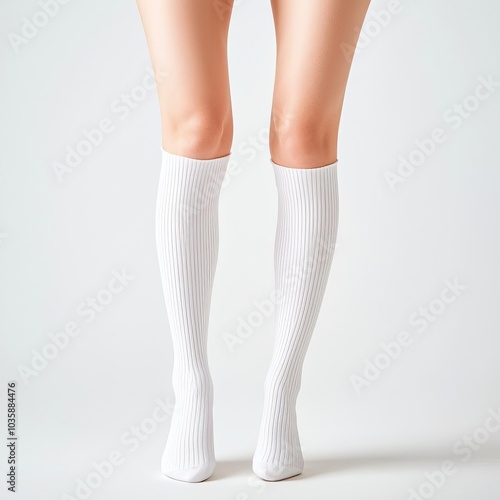 Close-up of women s legs in blank high socks, neutral background, perfect for product mockups, minimal shadows, focus on sock texture, high socks mockup, fashion minimalism photo