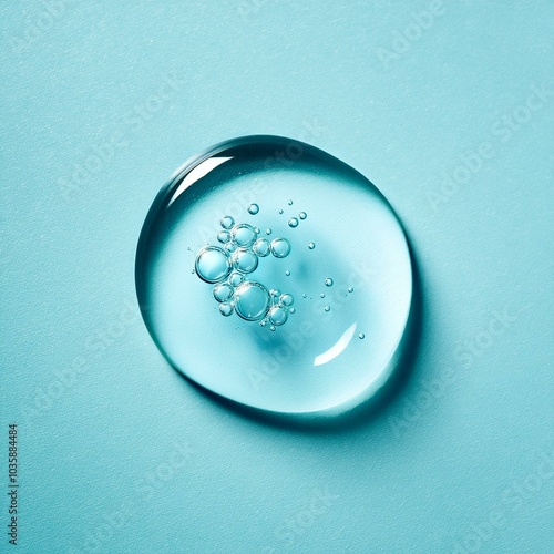 transparent facial serum with bubbles on light blue background macro liquid drop of gel or essential oil with hyaluronic acid or retinol closeup cosmetic product texture copy space top view