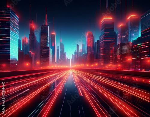 vibrant cityscape at night illuminated by red lights and technology