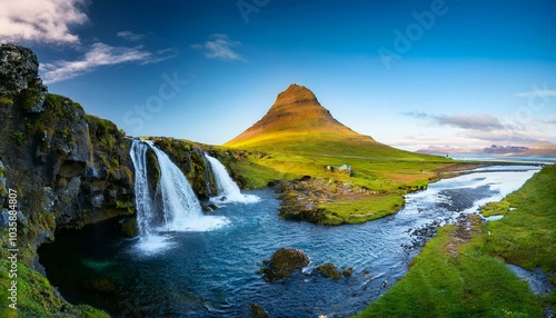 view to the kirkjufell waterfall at summer kirkjufellsfoss waterfall iceland europe