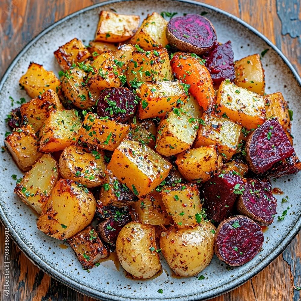 Delicious Roasted Root Vegetables on Rustic Plate Delicious Roasted Root Vegetables on Rustic Plate