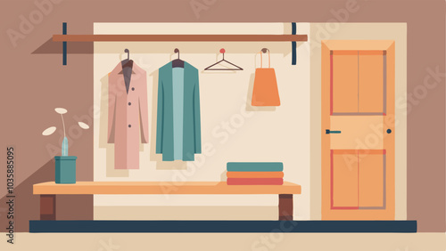 Mudroom with a white bench and hooks for hanging coats with a light wood storage bench underneath
