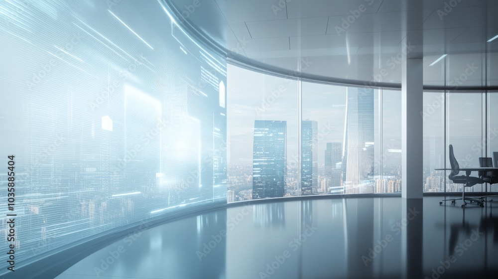 A cutting-edge holographic display in a modern office, futuristic skyline visible through the window, Futuristic style