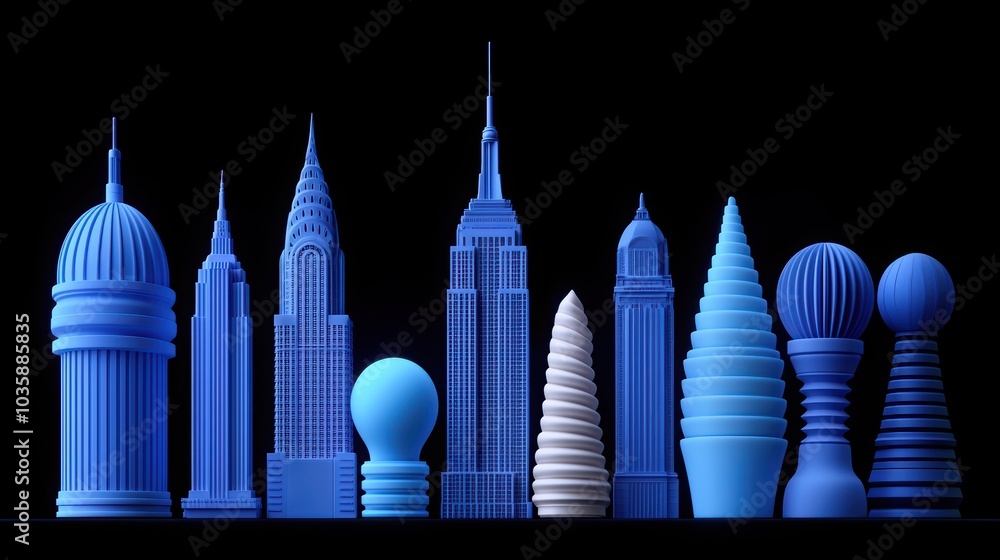 A collection of blue architectural models showcasing diverse structures against a dark background, perfect for design inspiration. A collection of blue architectural models showcasing diverse structures against a dark background, perfect for design inspiration.