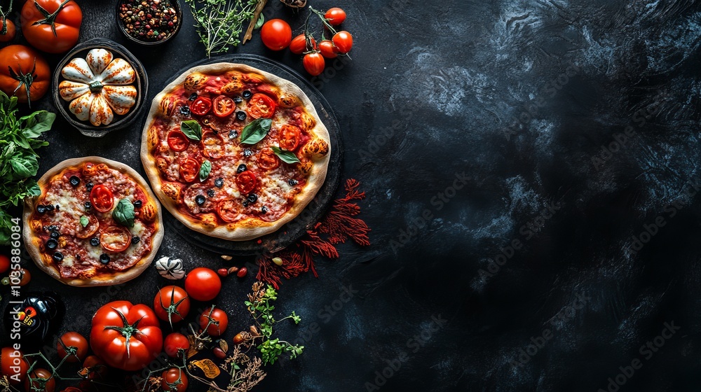 Composition on a dark background featuring tomatoes, decorations, and delicious Halloween pizzas. Composition on a dark background featuring tomatoes, decorations, and delicious Halloween pizzas.