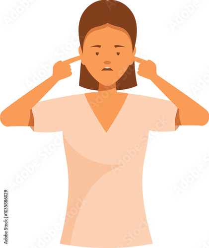 Young woman covering her ears with fingers not wanting to listen to loud noise or music